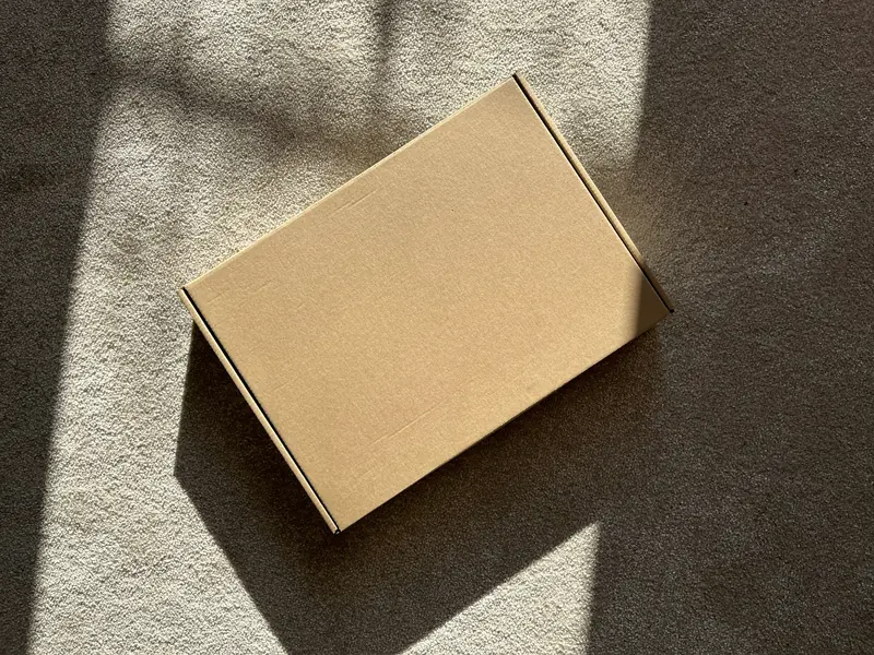 Foto ilustrativa: caixa de papelão de entrega sobre um tapete claro, com sol da janela